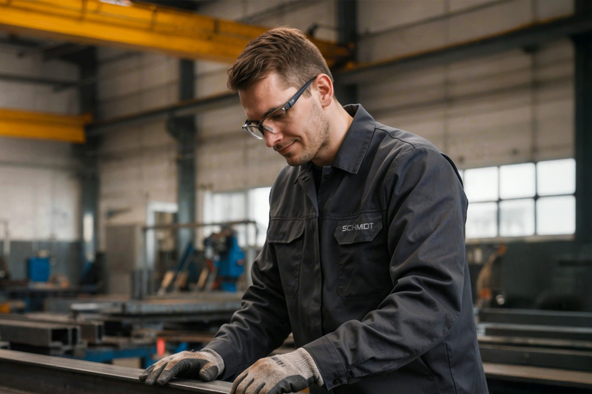 Mann mit Schutzbrille bearbeitet mit beiden Händen ein Werkstück auf einem Arbeitstisch.