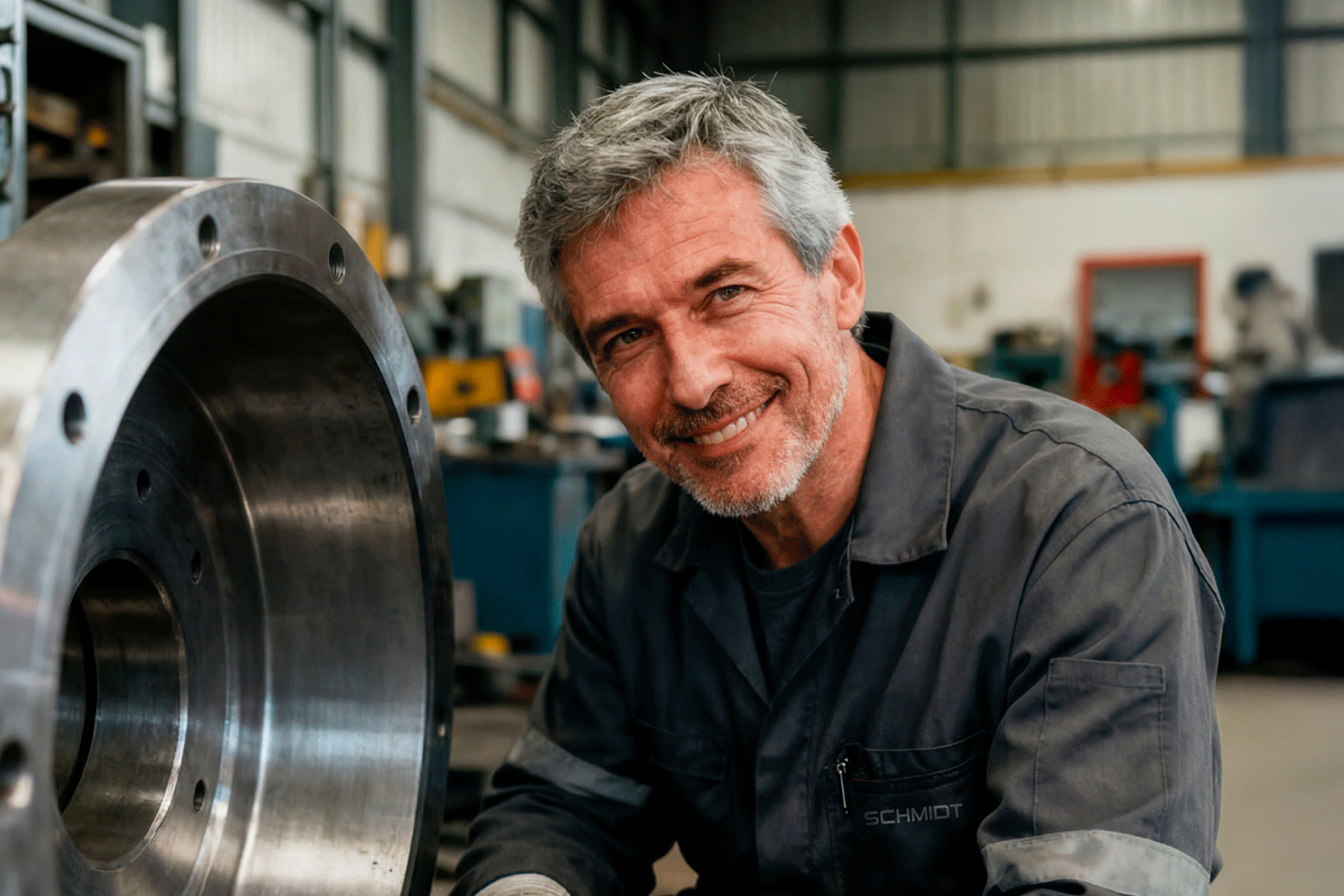 Älterer Mitarbeiter arbeitet in einer Industriehalle an einer großen Metallrolle.