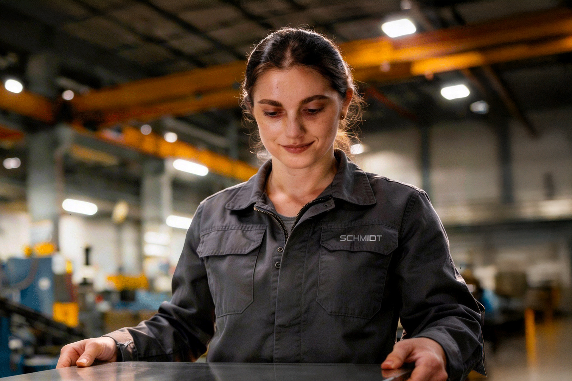 Junge Frau in grauer Arbeitsjacke steht in einer Werkhalle und blickt nach unten.