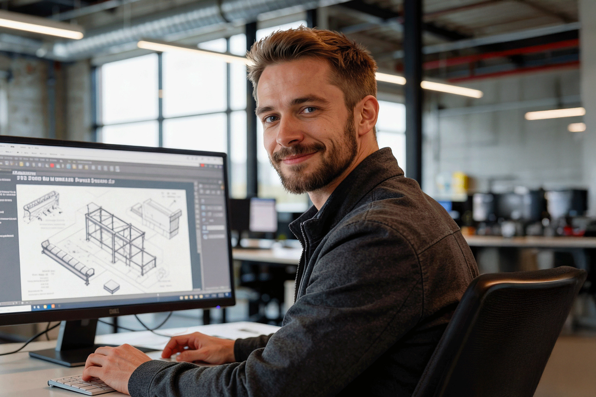 Mitarbeiter sitzt an einem Arbeitsplatz mit Monitoren und dreht sich lächelnd zur Seite.