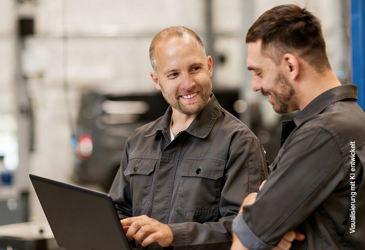 Zwei Männer in Arbeitskleidung sprechen in einer Industriehalle vor einem Laptop miteinander.
