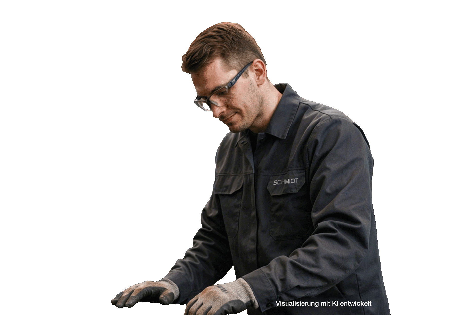 Mitarbeiter in grauer Arbeitsjacke arbeitet konzentriert an einem Metallbauteil.